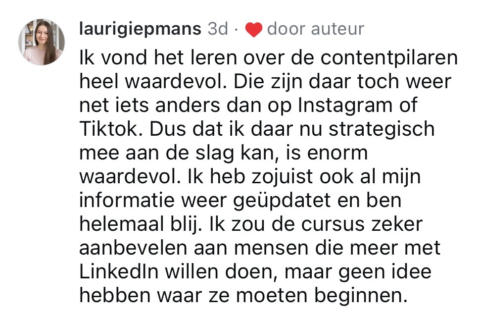 5 sterren review van Lauri Giepmans over de LinkedIn cursus van Amy-Jane Gielen voor meer bereik, volgers en verkoop op LinkedIn