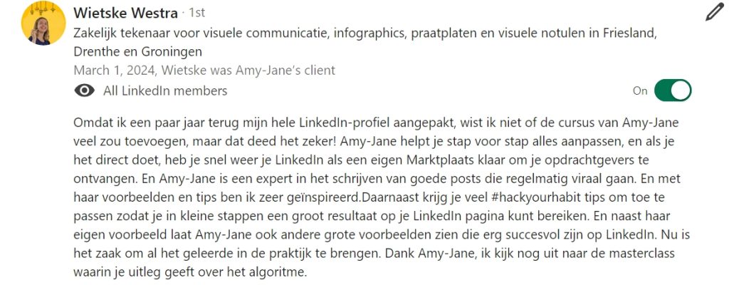 5 sterren review van tekenaar Wietske Westra over de LinkedIn cursus van Amy-Jane Gielen voor meer bereik, volgers en verkoop op LinkedIn