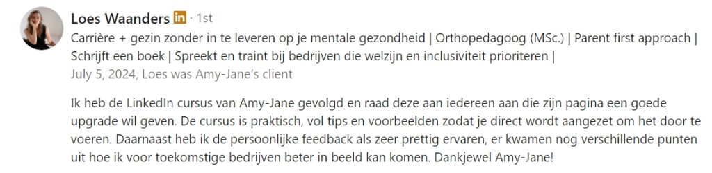 5 sterren review van Loes Waanders over de LinkedIn cursus van Amy-Jane Gielen voor meer bereik, volgers en verkoop op LinkedIn
