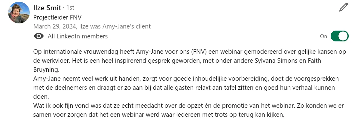 Review over Amy-Jane Gielen als moderator van een inspirerend webinar op Internationale Vrouwendag 2024 over gelijke kansen op de werkvloer, met o.a. Sylvana Simons en Faith Bruyning, inclusief voorbereiding, voorgesprekken en promotie via LinkedIn.