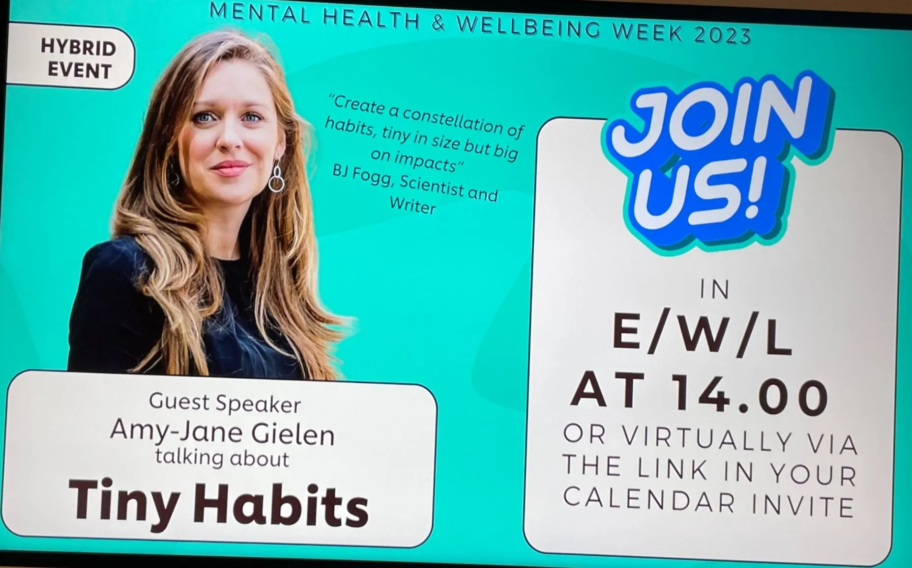 Amy-Jane Gielen als keynote spreker over Tiny Habits tijdens Mental Health & Wellbeing Week 2023 bij Unilever – gedragsverandering voor mentale gezondheid op het werk
